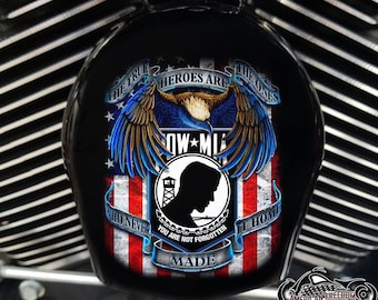 May include: A black motorcycle air cleaner with a red, white, and blue American flag design. The design features a bald eagle with wings spread, a POW MIA emblem, and the text "The true heroes are the ones who never made it home. You are not forgotten."