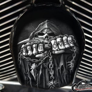 Harley Davidson Custom Made COWBELL HORN COVER- for Big Twin, Twin Cam, Milwaukee Eight, Sportster - Grayscale Game Over Reaper