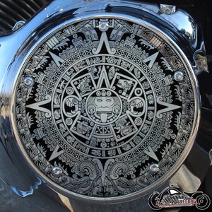 Harley Davidson CHROME Custom Made Derby Cover (Twin Cam & Touring, Milwaukee 8 Models) - Aztec Calendar Chrome