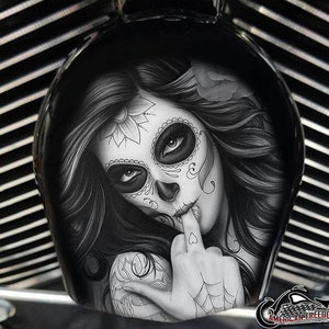 Harley Davidson Custom Made COWBELL HORN COVER- for Big Twin, Twin Cam, Milwaukee Eight, Sportster Day of the Dead Girl Finger