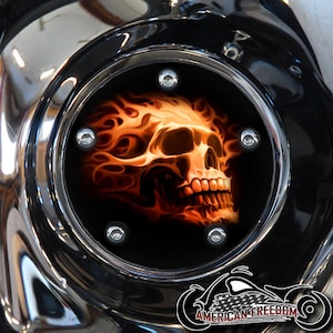 Harley Davidson Custom Made Timing / Points Cover - For all Big Twin, Twin Cam, Milwaukee 8 & Sportster Models - Orange Fire Skull