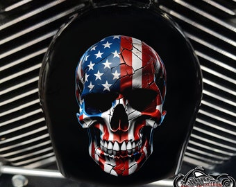 May include: A black skull with a cracked American flag design. The skull is painted in red, white, and blue.