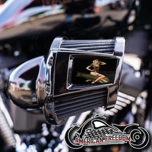 May include: Chrome motorcycle part with a rectangular inset featuring a pin-up girl riding a bomb. The image is set against a blurred background of the motorcycle. The words "American Freedom" are in a logo at the bottom.