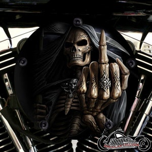 Harley Davidson Custom High Flow Round Air Cleaner Cover & Mounting Kit - Middle Finger Reaper