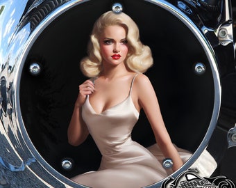May include: A blonde woman in a white satin dress poses in a circular frame. The background is black with a silver rim. The text "AMERICAN FREEDOM" is visible at the bottom of the image.