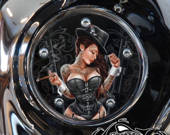May include: A black and white illustration of a woman wearing a black corset, a top hat, and a pair of white gloves. She is holding a cigar in one hand and a gun in the other. The background is a black and white floral pattern.