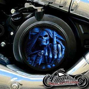 2025+ Indian Motorcycles Scout Custom Derby Cover - Middle Finger Reaper Blue