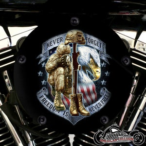 Harley Davidson Custom High Flow Round Air Cleaner Cover & Mounting Kit - Never Forget Freedom Is Never Free Military