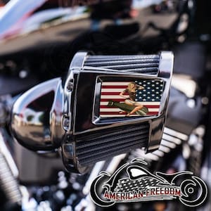 May include: A chrome motorcycle air cleaner cover with a pin-up girl graphic on an American flag background. The graphic features a blonde woman riding a bomb. The words "American Freedom" are displayed in a logo at the bottom.
