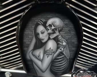 Harley Davidson Custom Made COWBELL HORN COVER- for Big Twin, Twin Cam, Milwaukee Eight, Sportster.... Military - Skeleton & Gal
