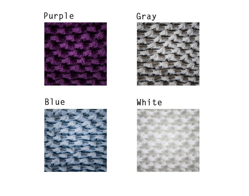 May include: Four close-up images of crocheted fabric in different colors: purple, gray, blue, and white. The fabric has a textured, waffle-like pattern.