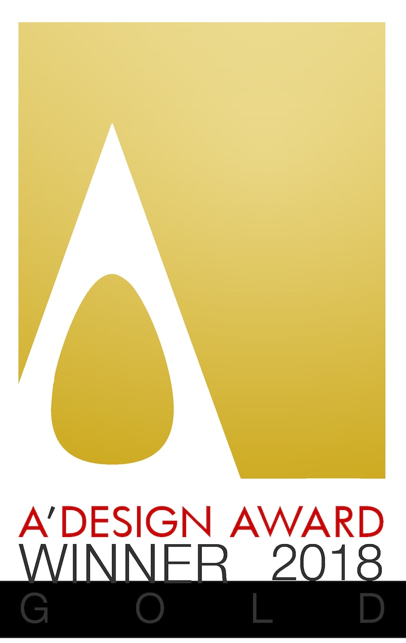 May include: A' Design Award Winner 2018 Gold award logo. The logo features a black stylised letter A with a gold background.