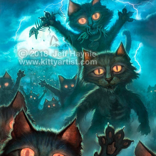 Zombie Cats Art Print // Zombies // Halloween / Undead cat // Vampire cat // Halloween black cat art  // Zombie Kitties