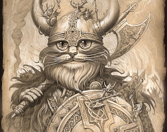 VIKING cat // // 8 X 10 PRINT // Cat Art // Cat Wall Art // Viking Print // Cat Art Print // Nordic Cat