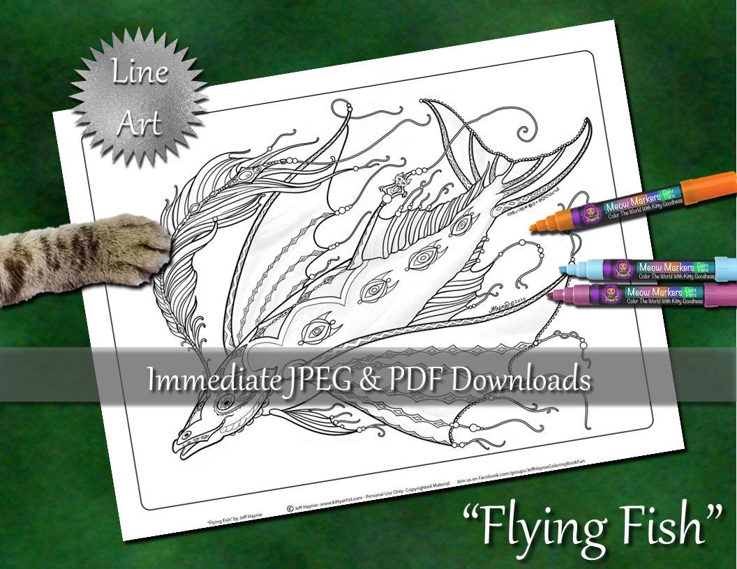 Flying Fish LINE ART Digital Coloring Page -  Canada