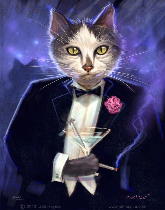 Martini Cat // 8 X 10 PRINT // Tuxedo Cat Art Print // Cat Etsy