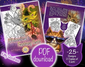 Whimsical Fantasy Cats Coloring Book - Lineart coloring,Adult Coloring Books,PDF Download,Printable pages,Coloring Book PDF,Cats Coloring