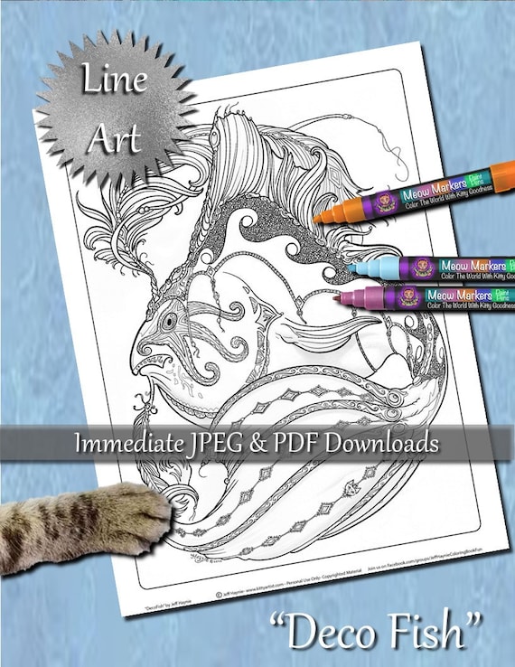 Deco Fish LINE ART Digital Coloring Page 