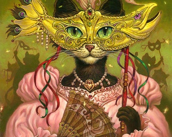 Mardi Gras Cat Art Print // Black Cat Ball // Halloween Cat // Mardi Gras Cat // Masked Cat // Giclee print