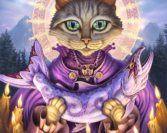 Saint Cat // 8 X 10 Print // Grey Tabby art print // Pet painting // Fantasy Cats // Saint cat // Sacred Salmon // Patron Saint Cat