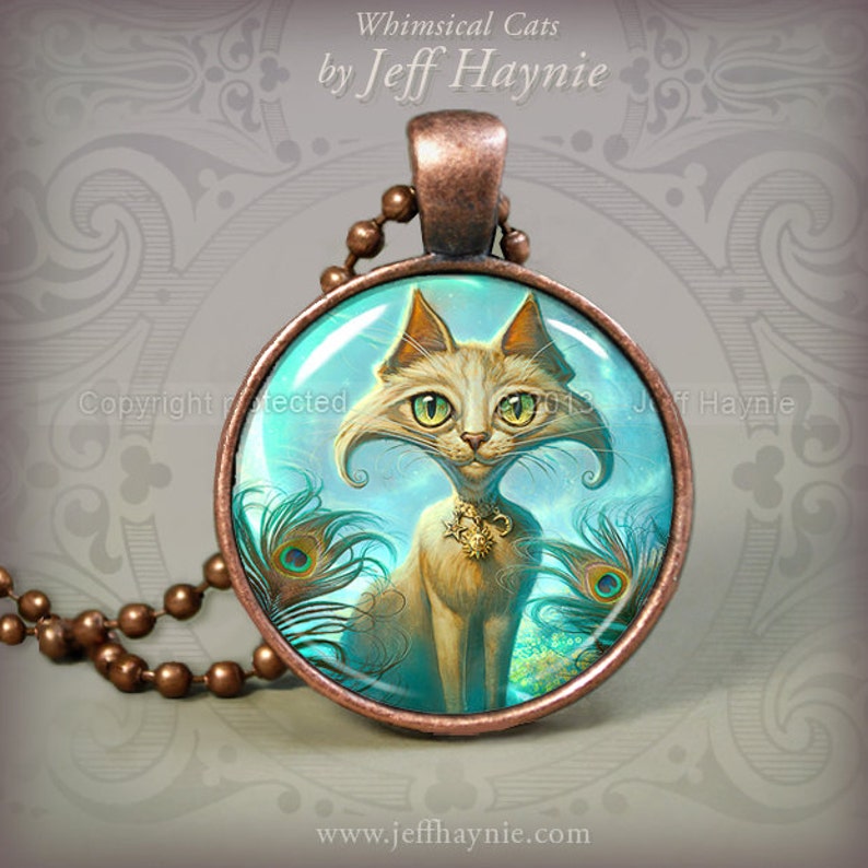 SPRING Happy Cat pendant // Peacock feather cat necklace resin pendant // cat jewelry // Moon Cat Jewelry Cat Picture Pendant