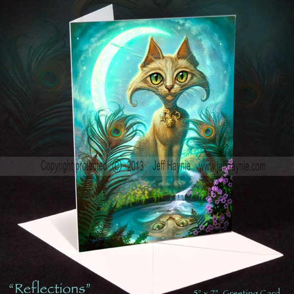 Cat greeting card // Cat painting // Cat art print // Zen moon cat // peacock feather // Reflecting Orange Tabby Cat // Cat Art