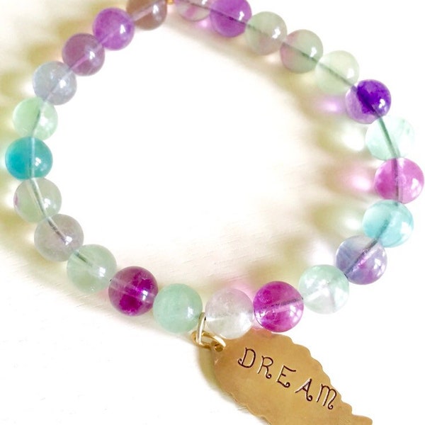 Dream Handstamped Brass Charm Bracelet with Rainbow Flourite Gemstones
