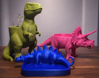 Dinosaur Foraging Dish and Chia Seed Garden | T-Rex  Stegosaurus  Triceratops | 3D Printed PLA | Worm Castings & Chia Seeds Included