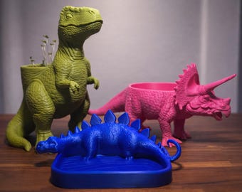 Dinosaur Foraging Dish and Chia Seed Garden | T-Rex  Stegosaurus  Triceratops | 3D Printed PLA | Worm Castings & Chia Seeds Included