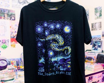 May include: Black t-shirt with a pixelated image of Vincent van Gogh's "The Starry Night" painting. The text "The_Starry_Night.EXE" is printed below the image.