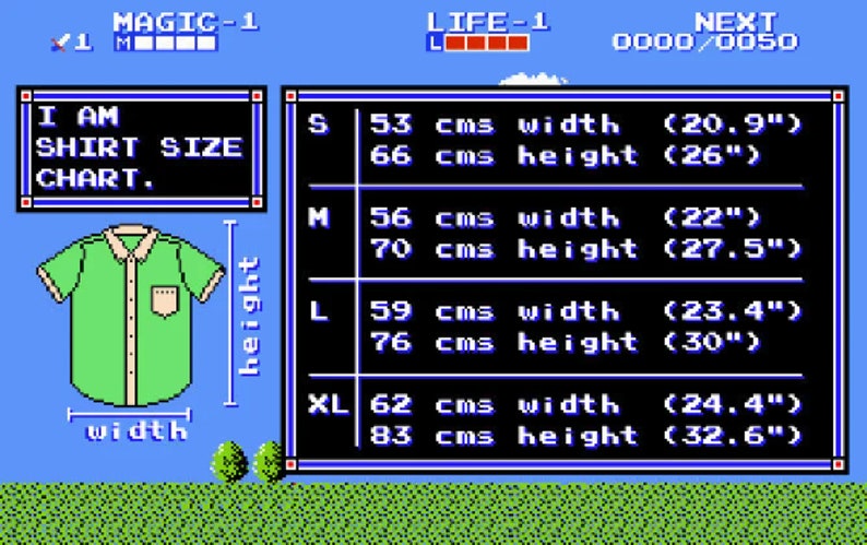 K&ouml;nnte beinhalten: Eine blaue und gr&uuml;ne pixelartige Hemdgr&ouml;&szlig;entabelle mit Ma&szlig;en in Zentimetern und Zoll. Die Tabelle zeigt die Breite und H&ouml;he der verschiedenen Gr&ouml;&szlig;en: S, M, L und XL. Die Tabelle stammt aus einem Videospiel.