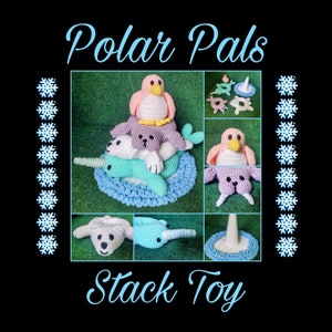 May include: A stackable toy set featuring a penguin, narwhal, seal, and polar bear. The toys are crocheted in pastel colors and are designed to be stacked on top of each other. The set is called "Polar Pals Stack Toy".