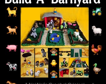 Puede incluir: Escena de granja de ganchillo con un granero rojo, campos verdes y varios animales de granja. La escena incluye un tractor, un estanque con patos y un granjero. El texto "Build-A-Barnyard" está en la parte superior.