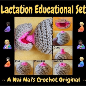 Può includere: Un set educativo all'uncinetto con il testo "Lactation Educational Set" e "A Nai Nai's Crochet Original". Il set include modelli all'uncinetto di un seno e capezzolo in varie forme, tra cui piatto, sporgente e invertito. L'immagine include anche diverse emoji.