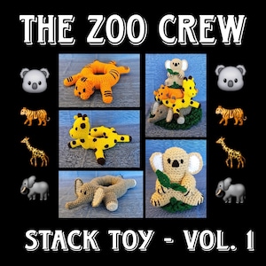 Peut inclure: Un ensemble de jouets empilables en crochet en forme d'animaux, comprenant une girafe, un éléphant, un tigre, un koala et un tigre en forme d'anneau. Les jouets sont tous de couleurs différentes et ont un design ludique et fantaisiste. L'ensemble est intitulé "The Zoo Crew Stack Toy - Vol. 1".