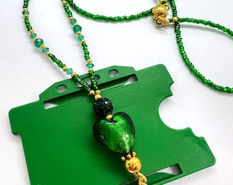 Beaded Lanyard Necklace: Bling Glass Heart, ID/Cruise Pass Card Holder