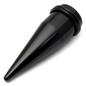 May include: Black acrylic taper with a pointed tip and a flared base. The taper is designed for stretching ear piercings.