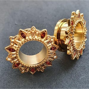 Op de afbeelding: Een paar gouden oorpluggen met ingewikkelde ontwerpen en rode edelstenen. De pluggen zijn rond en hebben een decoratief, versierd patroon.