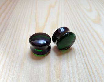 Dark Green Transparent Glass Double Flare Ear Plugs | Ear Stretchers | Glass Convex Gauges | Organic Plugs 6mm (2g) - 16mm (5/8")
