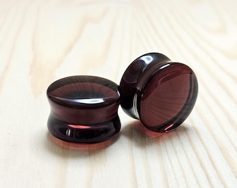 Burgundy Transparent Glass Double Flare Ear Plugs | Ear Stretchers | Glass Convex Gauges | Organic Plugs 6mm (2g) - 16mm (5/8")