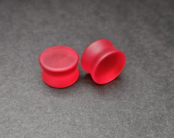 Frosted Glass Cherry Red Double Flare Ear Plugs | Matt Finish Ear Stretchers | Glass Convex Gauges | Organic Plugs 6mm (2g) - 16mm (5/8")