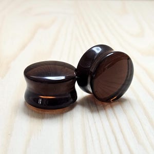 Dark Coffee Transparent Glass Double Flare Ear Plugs | Ear Stretchers | Glass Convex Gauges | Organic Plugs 6mm (2g) - 16mm (5/8&quot;)