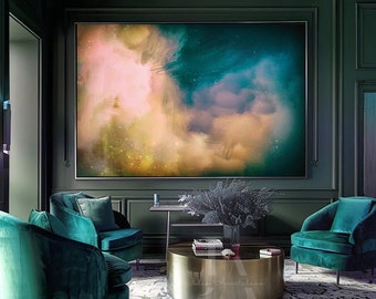 Large Abstract Painting, Teal Wall Art, Modern Celestial Original Canvas Print, Trend Color Living Room Home Office Decor, Julia Apostolova