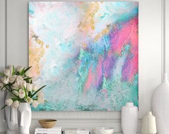 Teal Gold and Pink Abstract Art, Large Gold Leaf Art Painting, Pink Print Wall Art for Modern Decor, Teal Painting, Texture Canvas, by Julia