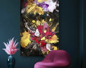 Gold and Pink Floral Painting, Dark Black Wall Art with gold flowers, Original Painting, Colorful Art, Flower Abstract Wall Decor by Julia