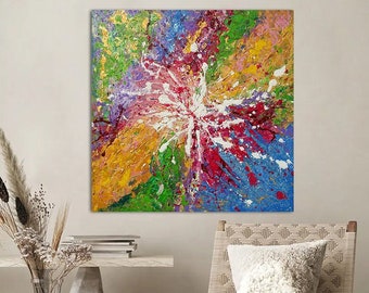 Large Colorful Wall Art - Boho Floral Original Painting Eclectic Splash of Colors Square Artwork - Ready To Hang Gift for Her