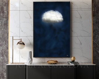 Dark Blue Art Cloud Abstract Minimalist Painting Print Large Canvas Wall Art Perfect Art Gift for Him and for Scandi-style Trendy Decor