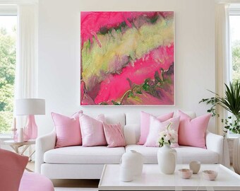 Pink Abstract Art Large Canvas Art Abstract Painting Print Pink Gold Green Wall Art Gift for Her -''Pink Champagne'' by Julia Apostolova