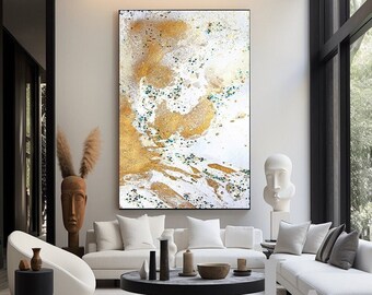 Abstract Painting with Gold Leaf, Minimalist Art, Luxury Wall Art on Canvas for Glamour Decor, Large White Gold Wall Art for luxury decor