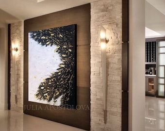 Original Abstract Painting Large Wall Art Gold Leaf Painting Black White Gold Art for Living Room Wall Decor 'Last Dance' by JuliaApostolova